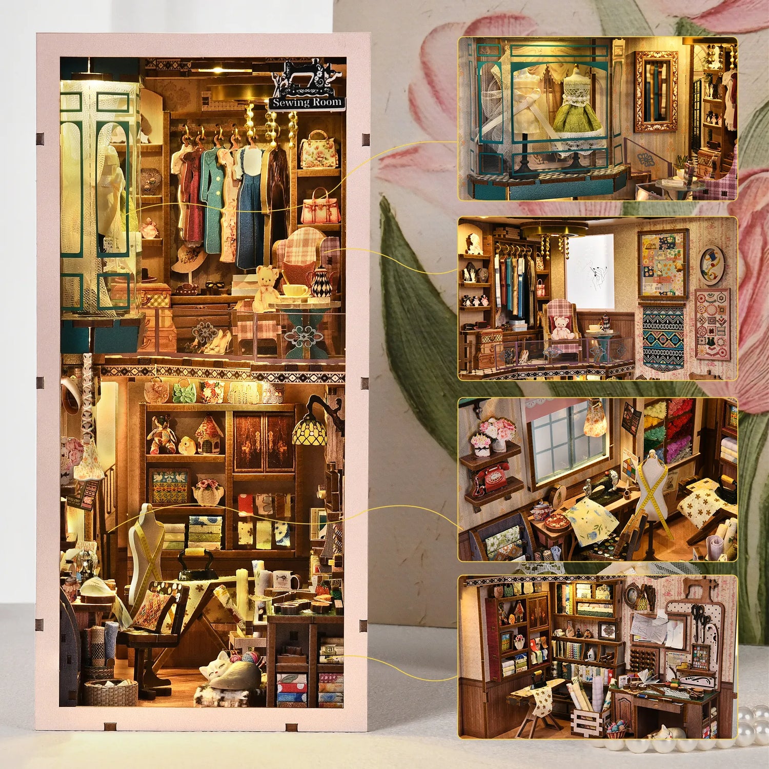 Book Nook - Sewing Room, un kit créatif pour construire un diorama miniature. Parfait pour décorer une bibliothèque ou comme cadeau original pour un amoureux des livres. Par Nookette.