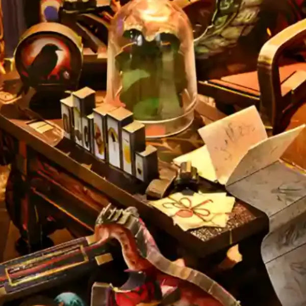 Cloche en verre, corbeau, vieux grimoires