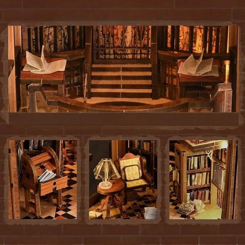 Book Nook - Abbey Library, un kit créatif pour construire un diorama miniature. Parfait pour décorer une bibliothèque ou comme cadeau original pour un amoureux des livres. Par Nookette.