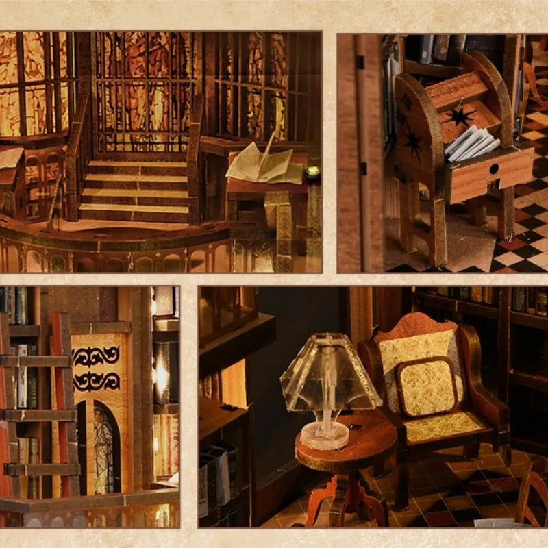 Book Nook - Abbey Library, un kit créatif pour construire un diorama miniature. Parfait pour décorer une bibliothèque ou comme cadeau original pour un amoureux des livres. Par Nookette.
