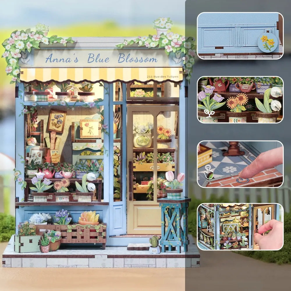 Book Nook - Anna's Blue Blossom, un kit créatif pour construire un diorama miniature. Parfait pour décorer une bibliothèque ou comme cadeau original pour un amoureux des livres. Par Nookette.