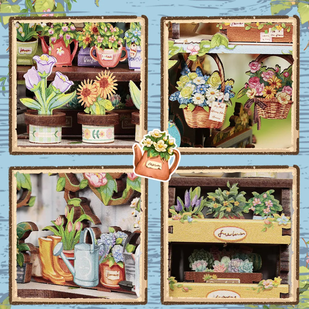 Book Nook - Anna's Blue Blossom, un kit créatif pour construire un diorama miniature. Parfait pour décorer une bibliothèque ou comme cadeau original pour un amoureux des livres. Par Nookette.