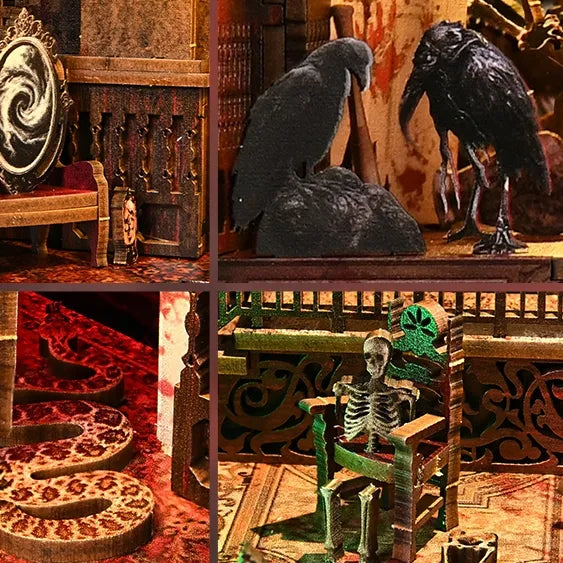 Corbeau funeste et squelette macabre