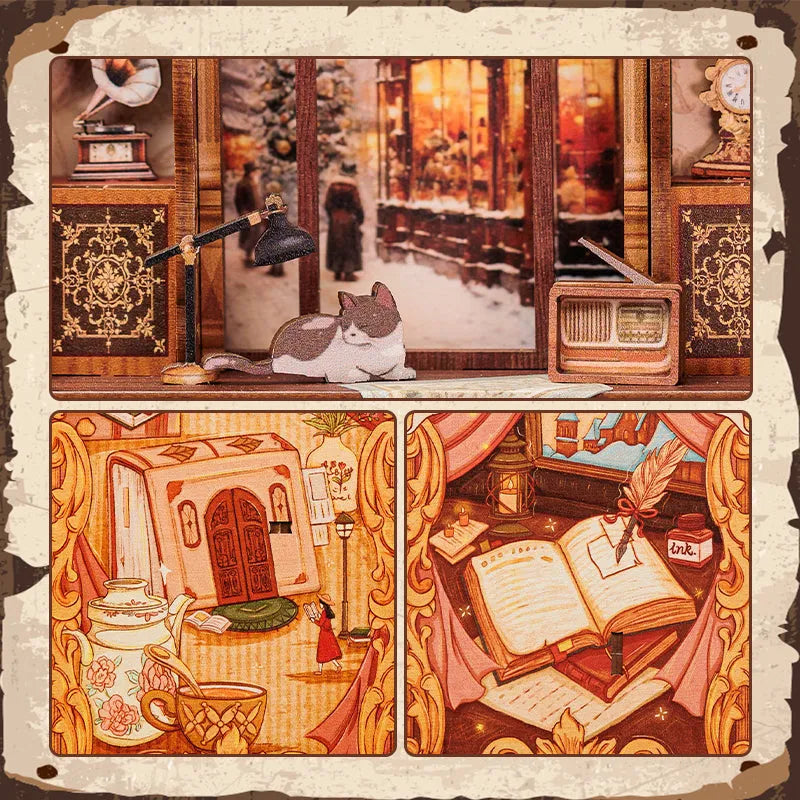 Book Nook - Bookshop Memories, un kit créatif pour construire un diorama miniature. Parfait pour décorer une bibliothèque ou comme cadeau original pour un amoureux des livres. Par Nookette.