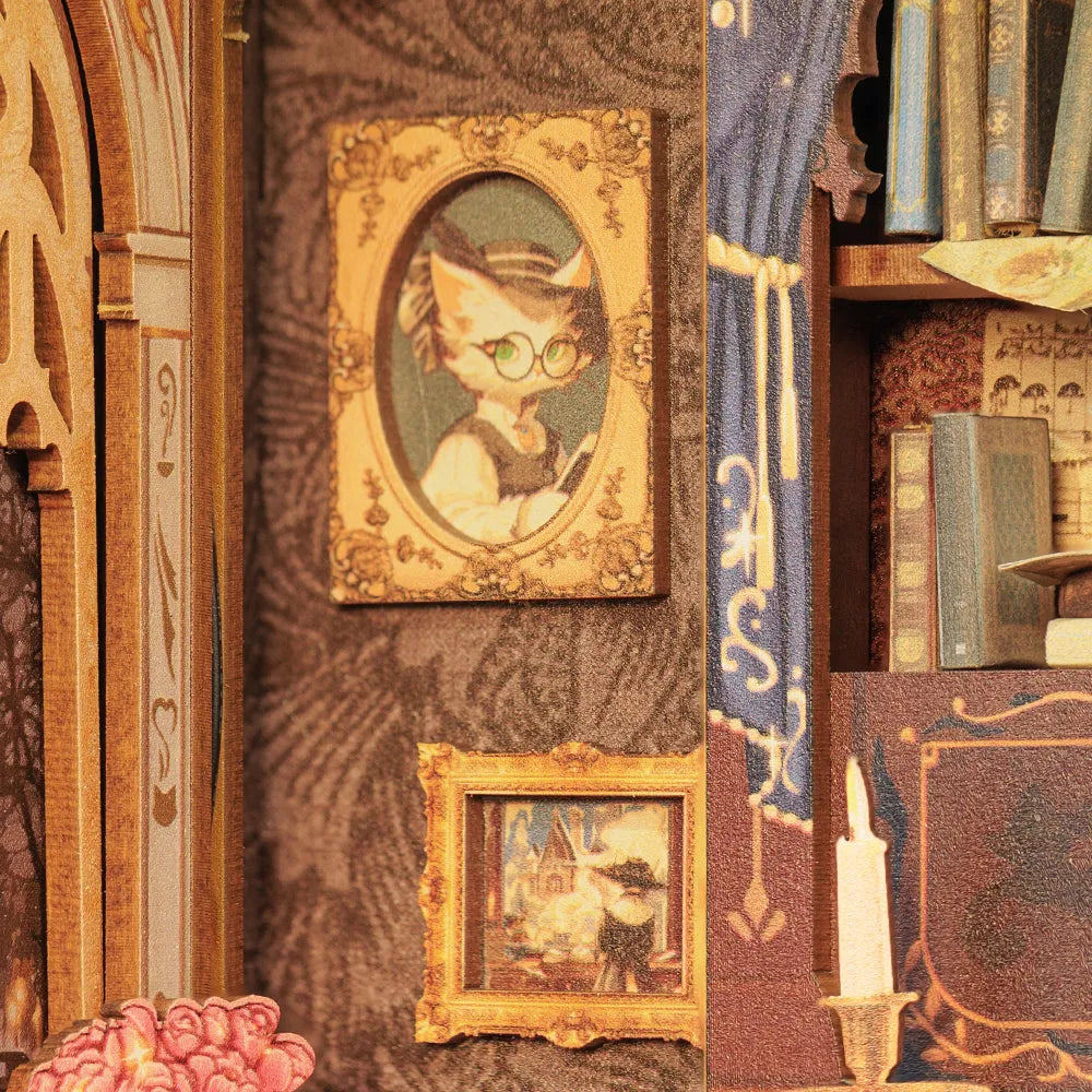 Book Nook - Count Cat's Study, un kit créatif pour construire un diorama miniature. Parfait pour décorer une bibliothèque ou comme cadeau original pour un amoureux des livres. Par Nookette.