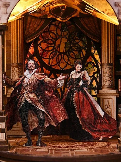 Figures théâtrales et vitrail majestueux