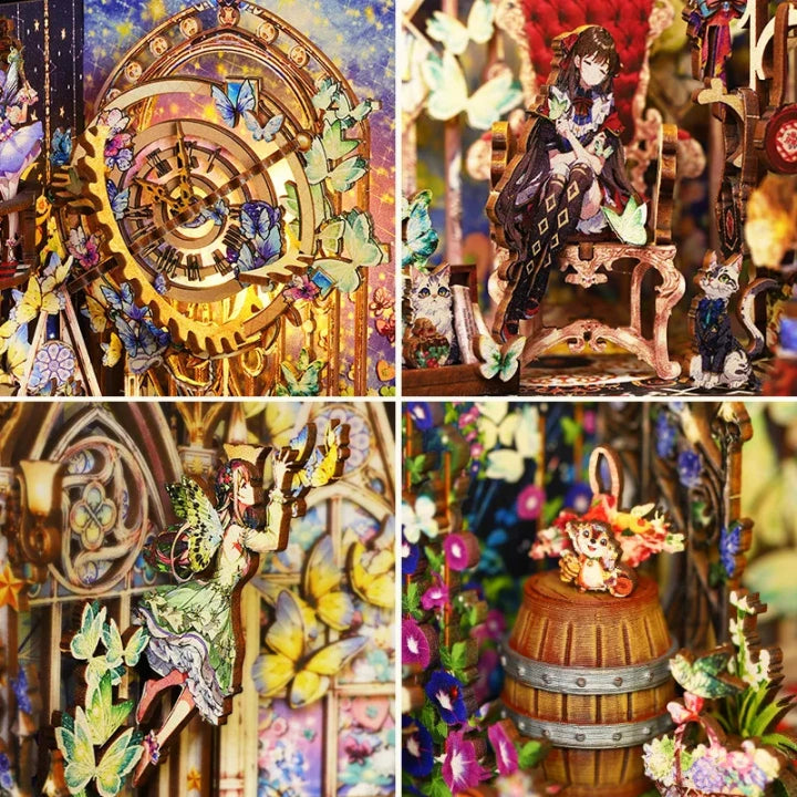 Book Nook - Fairytale Elf, un kit créatif pour construire un diorama miniature. Parfait pour décorer une bibliothèque ou comme cadeau original pour un amoureux des livres. Par Nookette.