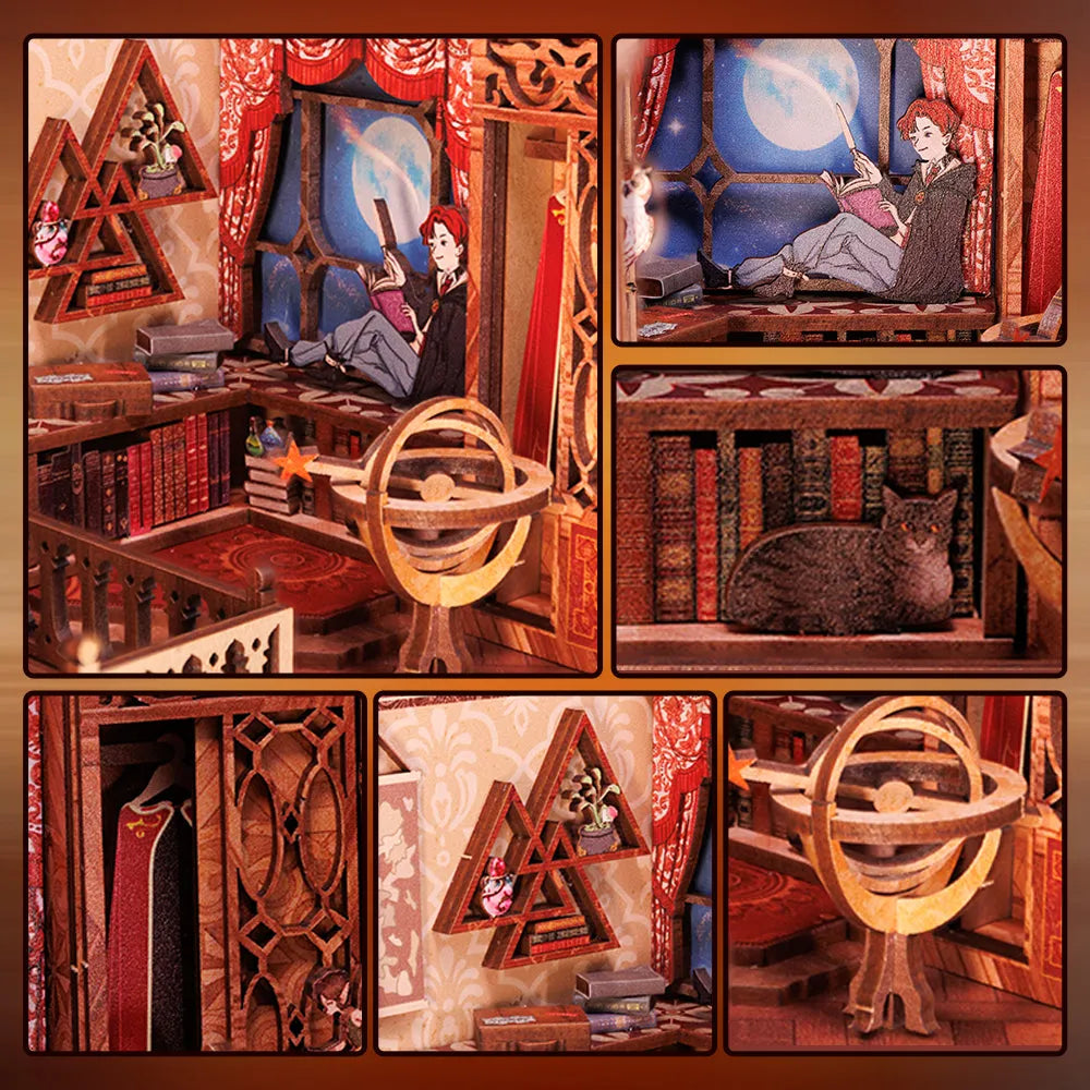 Book Nooks - Flame Common Room, un kit créatif pour construire un diorama miniature. Parfait pour décorer une bibliothèque ou comme cadeau original pour un amoureux des livres. Par Nookette.
