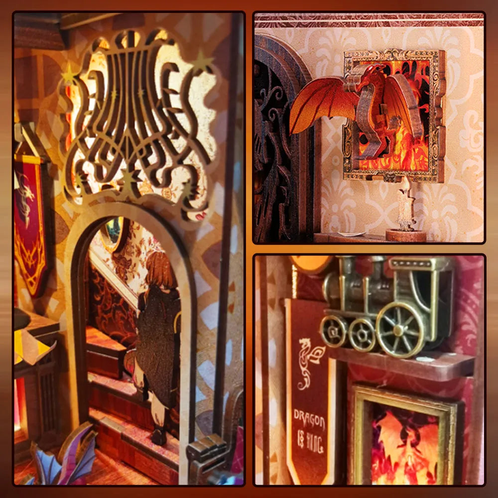 Book Nooks - Flame Common Room, un kit créatif pour construire un diorama miniature. Parfait pour décorer une bibliothèque ou comme cadeau original pour un amoureux des livres. Par Nookette.