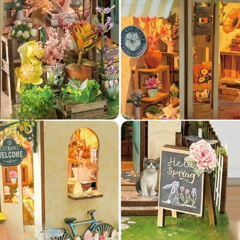 Book Nook - Florist's On Spring Island, un kit créatif pour construire un diorama miniature. Parfait pour décorer une bibliothèque ou comme cadeau original pour un amoureux des livres. Par Nookette.
