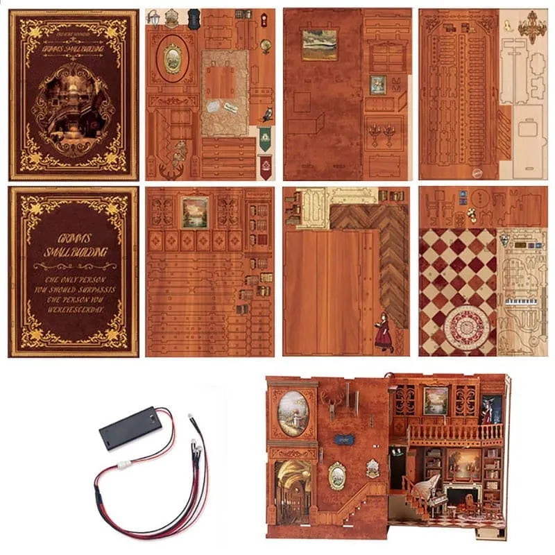 Book Nook - Grimm's Small Building, un kit créatif pour construire un diorama miniature. Parfait pour décorer une bibliothèque ou comme cadeau original pour un amoureux des livres. Par Nookette.