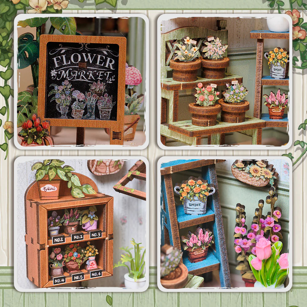Book Nook - Champs Élysées Florist, un kit créatif pour construire un diorama miniature. Parfait pour décorer une bibliothèque ou comme cadeau original pour un amoureux des livres. Par Nookette.