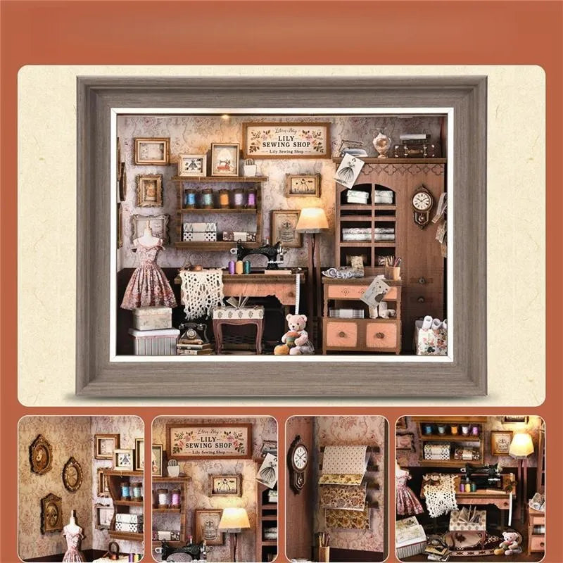 Gros plan du Book Nook Kit - Lily Sewing Shop avec des détails riches et impressionnants