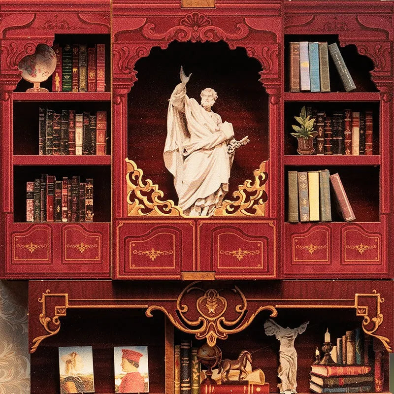 Book Nook - Library of Wisdom, un kit créatif pour construire un diorama miniature. Parfait pour décorer une bibliothèque ou comme cadeau original pour un amoureux des livres. Par Nookette.