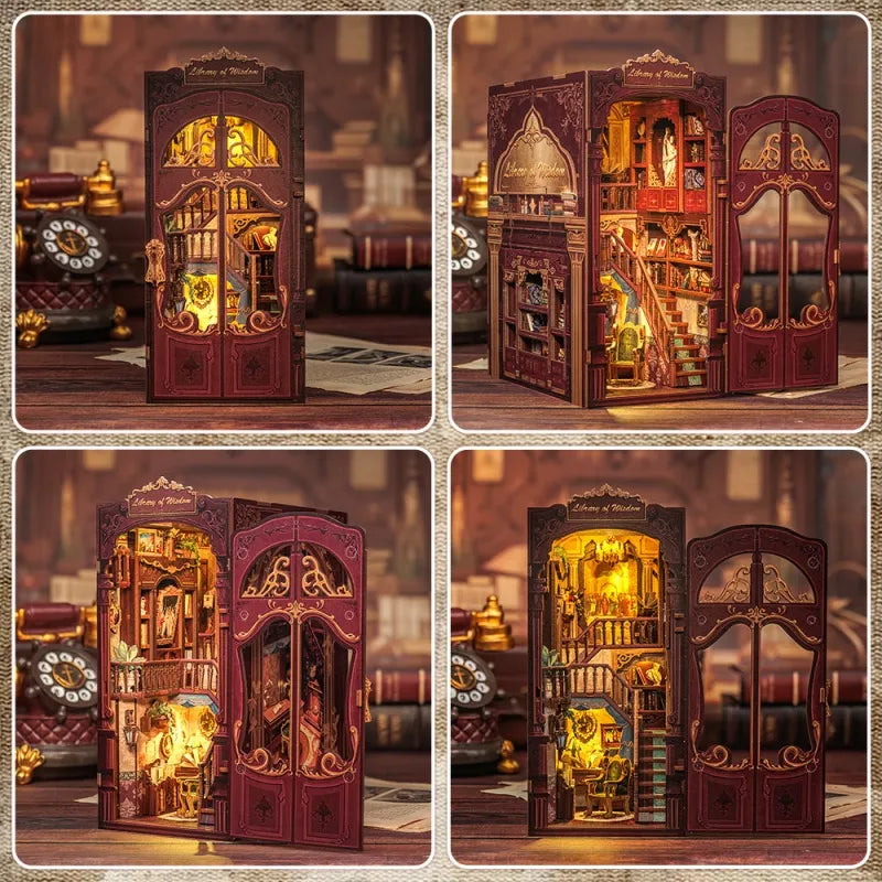 Book Nook - Library of Wisdom, un kit créatif pour construire un diorama miniature. Parfait pour décorer une bibliothèque ou comme cadeau original pour un amoureux des livres. Par Nookette.