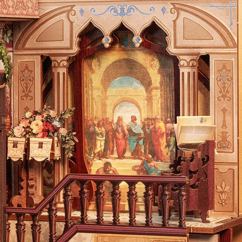 Book Nook - Library of Wisdom, un kit créatif pour construire un diorama miniature. Parfait pour décorer une bibliothèque ou comme cadeau original pour un amoureux des livres. Par Nookette.