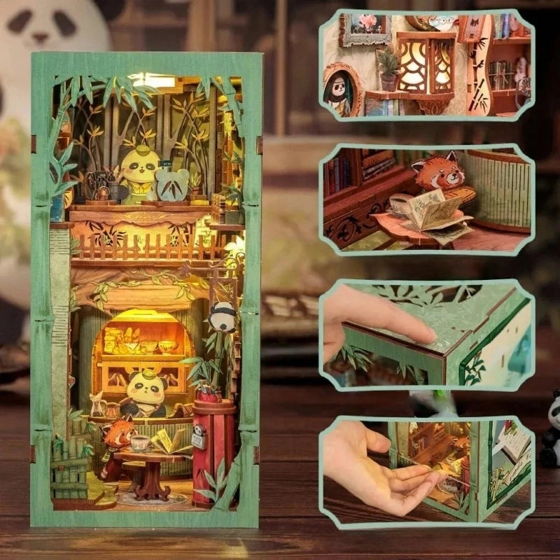 Book Nook - Panda Bookshop, un kit créatif pour construire un diorama miniature. Parfait pour décorer une bibliothèque ou comme cadeau original pour un amoureux des livres. Par Nookette.