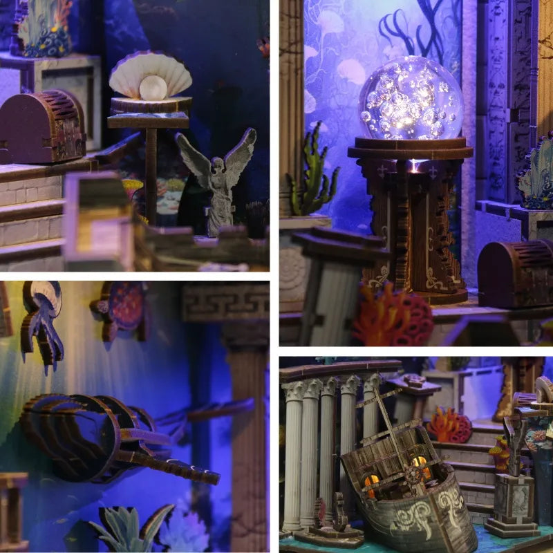 Book Nook - Riddle on the Seabed, un kit créatif pour construire un diorama miniature. Parfait pour décorer une bibliothèque ou comme cadeau original pour un amoureux des livres. Par Nookette.