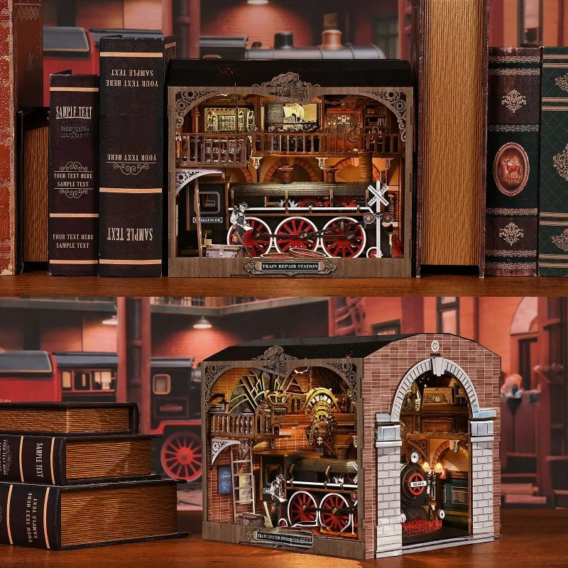Book Nook - Train Repair Station placé de manière décorative sur un bureau