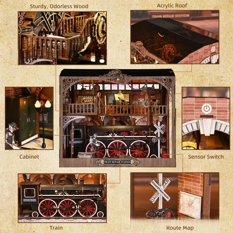 Gros plan du Book Nook - Train Repair Station avec des détails riches et impressionnants