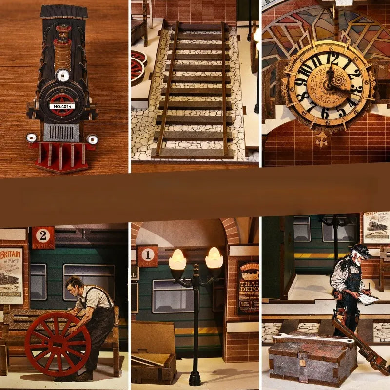 Vue détaillée d'un élément décoratif du Book Nook - Train Repair Station avec des détails fins