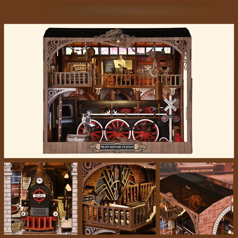 Gros plan du Book Nook - Train Repair Station avec des détails riches et impressionnants
