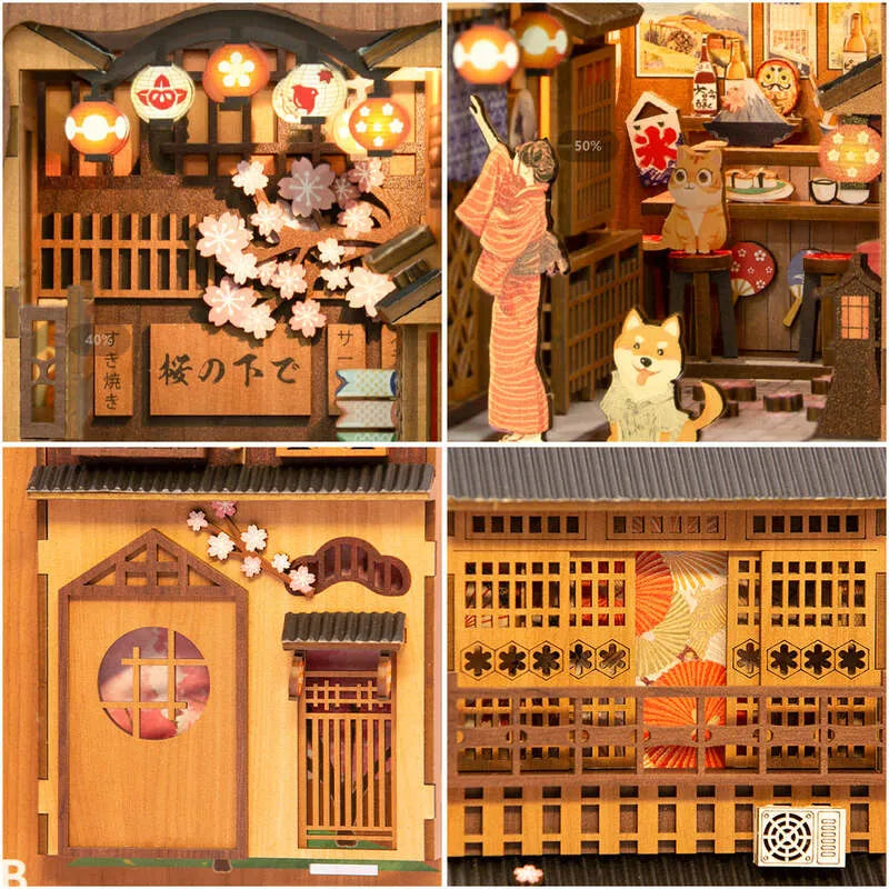 Book Nook - Under The Sakura Tree, un kit créatif pour construire un diorama miniature. Parfait pour décorer une bibliothèque ou comme cadeau original pour un amoureux des livres. Par Nookette.