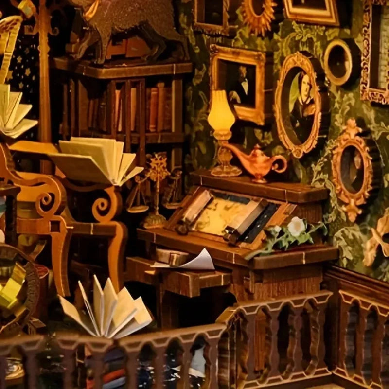 Book Nook - Wonder Library, un kit créatif pour construire un diorama miniature. Parfait pour décorer une bibliothèque ou comme cadeau original pour un amoureux des livres. Par Nookette.