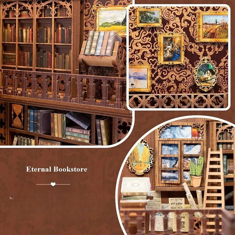 Book Nook - Eternal Bookstore, un kit créatif pour construire un diorama miniature. Parfait pour décorer une bibliothèque ou comme cadeau original pour un amoureux des livres. Par Nookette.