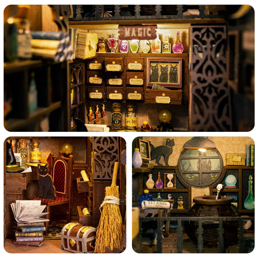 Book Nook - Magic Pharmacist, un kit créatif pour construire un diorama miniature. Parfait pour décorer une bibliothèque ou comme cadeau original pour un amoureux des livres. Par Nookette.