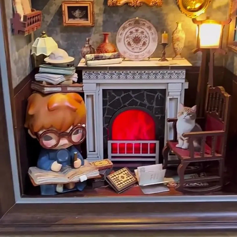Kit DIY Cadre 3D – Maison avec Cheminée | Diorama Miniature à Assembler, un kit créatif pour construire un diorama miniature. Parfait pour décorer une bibliothèque ou comme cadeau original pour un amoureux des livres. Par Nookette.