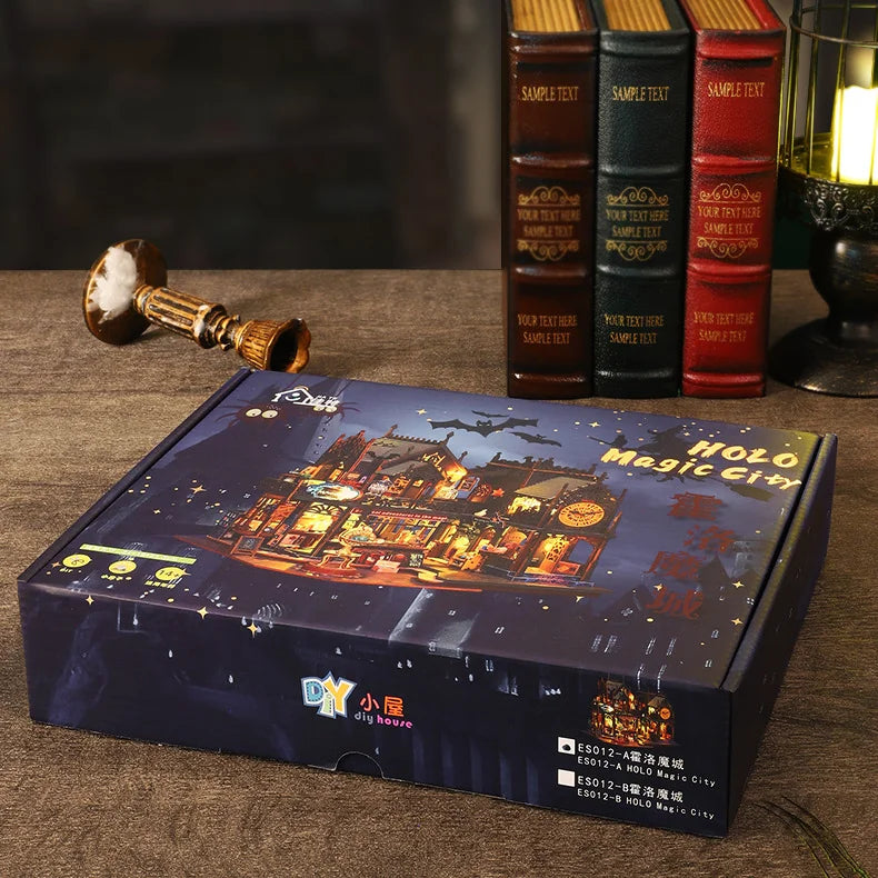 Maison Miniature - Holo Magic City, un kit créatif pour construire un diorama miniature. Parfait pour décorer une bibliothèque ou comme cadeau original pour un amoureux des livres. Par Nookette.